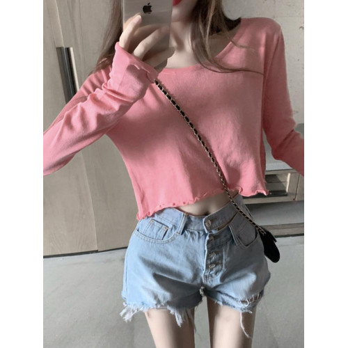 G2025新款秋季女裝薄防曬打底衫長袖木耳邊短款寬松毛針織衫上衣