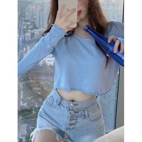 G2025新款秋季女裝薄防曬打底衫長袖木耳邊短款寬松毛針織衫上衣