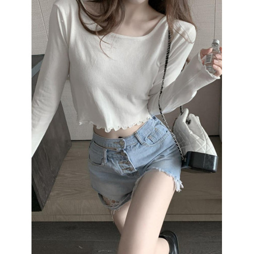 G2025新款秋季女裝薄防曬打底衫長袖木耳邊短款寬松毛針織衫上衣