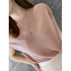 粉色亮絲短袖t恤女夏季金銀絲鏤空針織衫寬松蝙蝠衫 高級包肩上衣