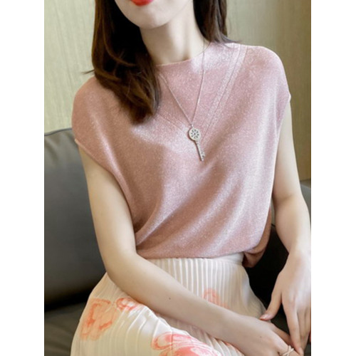 粉色亮絲短袖t恤女夏季金銀絲鏤空針織衫寬松蝙蝠衫 高級包肩上衣