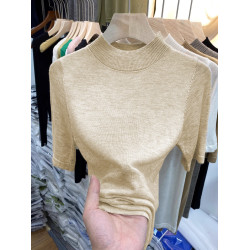 大碼春秋寬松半高領針織打底衫女胖mm五分袖氣質洋氣中袖內搭上衣