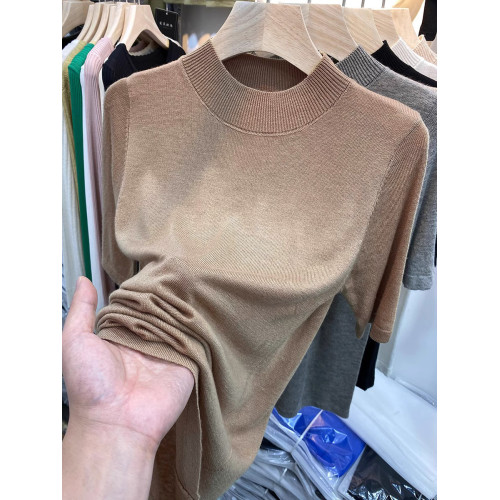 大碼春秋寬松半高領針織打底衫女胖mm五分袖氣質洋氣中袖內搭上衣