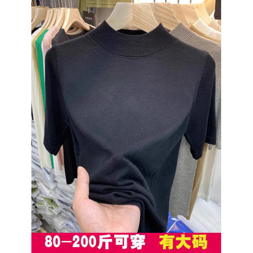 大碼春秋寬松半高領針織打底衫女胖mm五分袖氣質洋氣中袖內搭上衣