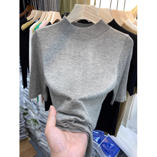 大碼春秋寬松半高領針織打底衫女胖mm五分袖氣質洋氣中袖內搭上衣