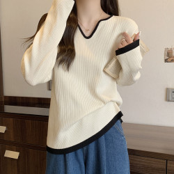 胖mm寬松遮肉顯瘦v領長袖針織打底衫女秋冬大碼減齡百搭女士毛衣