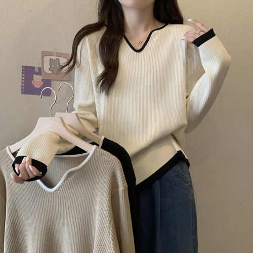 胖mm寬松遮肉顯瘦v領長袖針織打底衫女秋冬大碼減齡百搭女士毛衣