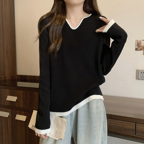 胖mm寬松遮肉顯瘦v領長袖針織打底衫女秋冬大碼減齡百搭女士毛衣