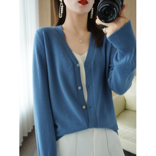 100純羊毛開衫外套女針織打底衫V領2025年春季新款外搭羊絨毛衣女