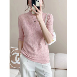 春夏薄款半高領中袖冰絲針織衫上衣女外穿洋氣百搭寬松螺紋打底衫