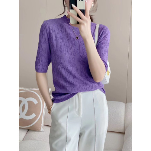 春夏薄款半高領中袖冰絲針織衫上衣女外穿洋氣百搭寬松螺紋打底衫