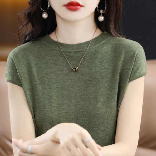 夏季新款精紡細支羊毛針織女圓領無袖背心寬松短款短袖薄款打底衫