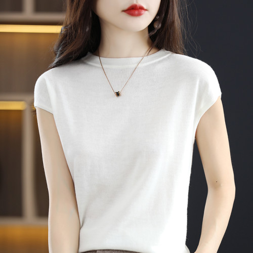 夏季新款精紡細支羊毛針織女圓領無袖背心寬松短款短袖薄款打底衫