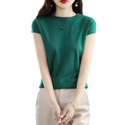 夏季新款精紡細支羊毛針織女圓領無袖背心寬松短款短袖薄款打底衫