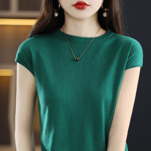 夏季新款精紡細支羊毛針織女圓領無袖背心寬松短款短袖薄款打底衫