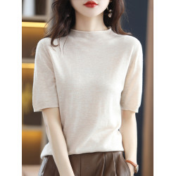 25夏季新款卷邊半高領短袖打底衫女寬松針織純色薄款羊毛中袖上衣