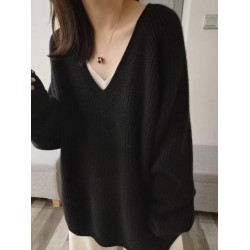 秋冬新款V領加厚羊絨衫女中長款毛衣女寬松慵懶風羊毛針織打底衫