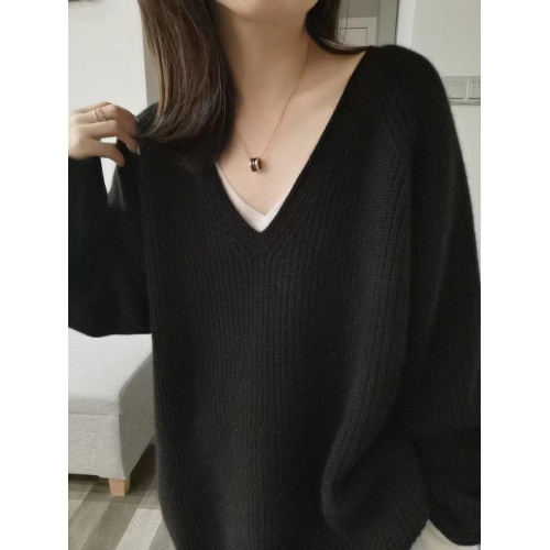 秋冬新款V領加厚羊絨衫女中長款毛衣女寬松慵懶風羊毛針織打底衫