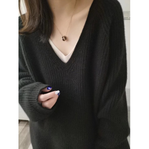 秋冬新款V領加厚羊絨衫女中長款毛衣女寬松慵懶風羊毛針織打底衫