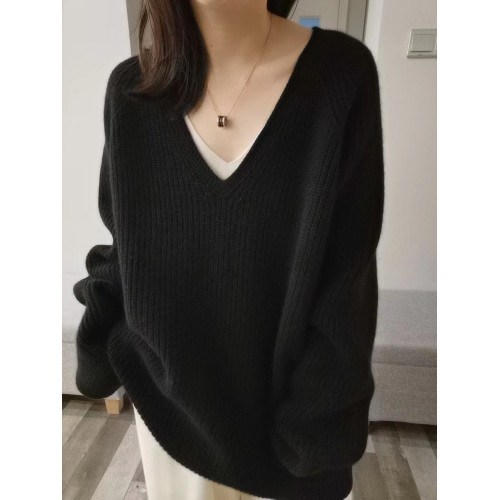 秋冬新款V領加厚羊絨衫女中長款毛衣女寬松慵懶風羊毛針織打底衫