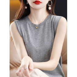 新款寬松套頭女圓領針織衫精紡羊毛衫內搭無袖上衣背心百搭打底衫