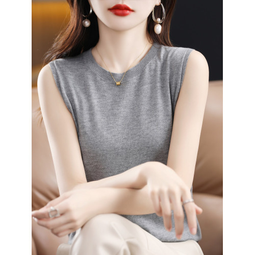 新款寬松套頭女圓領針織衫精紡羊毛衫內搭無袖上衣背心百搭打底衫