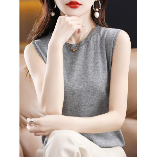 新款寬松套頭女圓領針織衫精紡羊毛衫內搭無袖上衣背心百搭打底衫