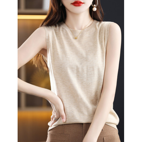 新款寬松套頭女圓領針織衫精紡羊毛衫內搭無袖上衣背心百搭打底衫