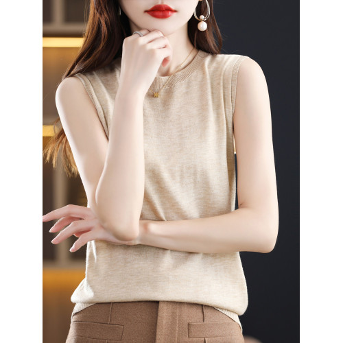 新款寬松套頭女圓領針織衫精紡羊毛衫內搭無袖上衣背心百搭打底衫