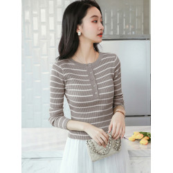 條紋針織衫女長袖秋季新款女裝修身毛衣打底衫小個子洋氣短款上衣