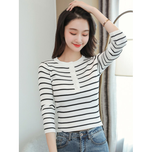 條紋針織衫女長袖秋季新款女裝修身毛衣打底衫小個子洋氣短款上衣