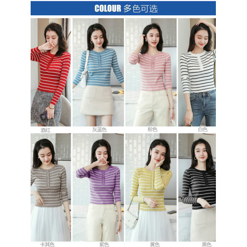 條紋針織衫女長袖秋季新款女裝修身毛衣打底衫小個子洋氣短款上衣