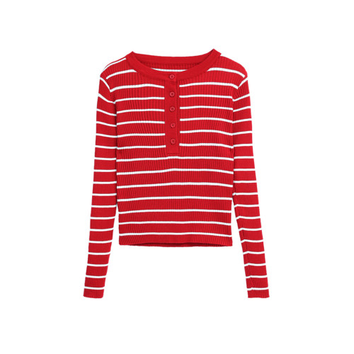 條紋針織衫女長袖秋季新款女裝修身毛衣打底衫小個子洋氣短款上衣