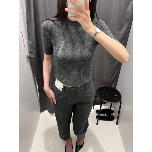 BAN WAY 秋冬款甜美修身純色羅紋針織衫五分袖短款打底衫上衣女