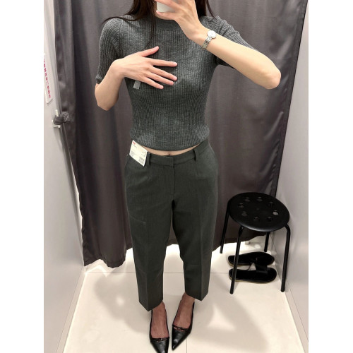 BAN WAY 秋冬款甜美修身純色羅紋針織衫五分袖短款打底衫上衣女