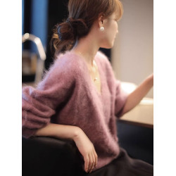 秋冬季女紫色軟糯小衆設計感慵懶風復古馬海毛V領針織打底衫毛衣