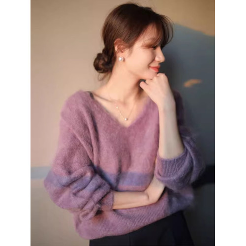 秋冬季女紫色軟糯小衆設計感慵懶風復古馬海毛V領針織打底衫毛衣