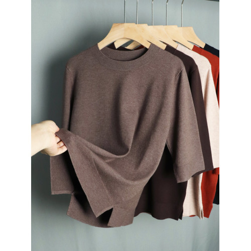 春秋款五分袖軟糯天絲羊毛針織毛衣女寬松圓領套頭上衣純色打底衫