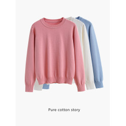 升級100%棉 32S精梳棉 薄毛衣女士圓領打底衫套頭針織衫 不起球