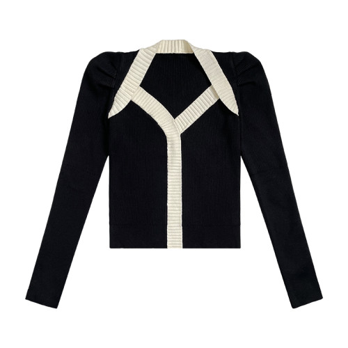 2024秋冬新款撞色針織上衣女v領毛衣設計感小衆泡泡袖打底衫長袖