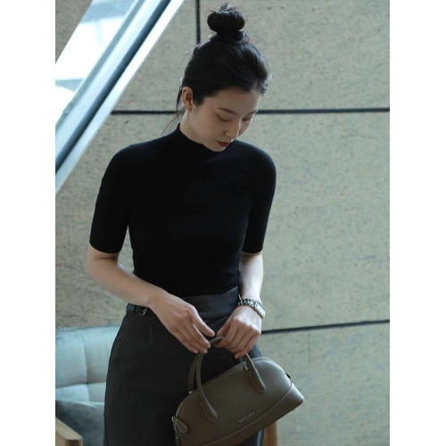 美爆了!西裝內搭短袖修身半高領針織薄毛衣打底衫女半袖套頭上衣