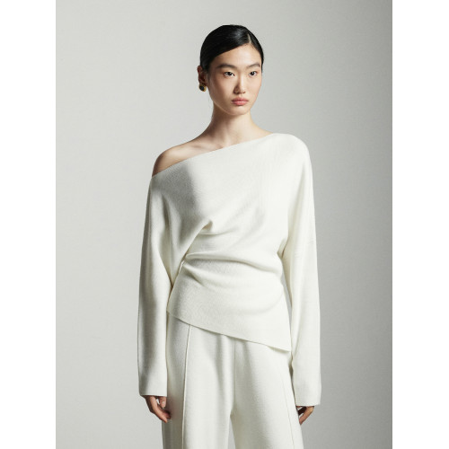 Bymolycho白色性感針織衫女春季斜肩打底衫設計感蝙蝠袖開叉毛衣