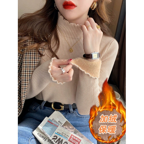 一體絨半高領毛衣女秋冬季加絨加厚高中初中學生內搭衣針織打底衫
