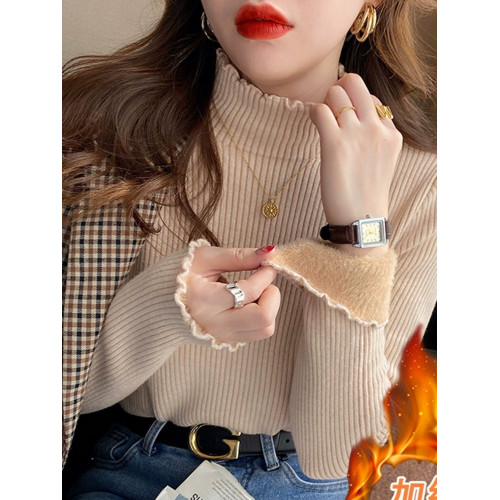 一體絨半高領毛衣女秋冬季加絨加厚高中初中學生內搭衣針織打底衫