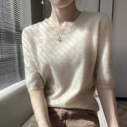 WAN NING羊絨短袖女毛衣圓領寬松套頭百搭針織半袖薄款羊毛打底衫