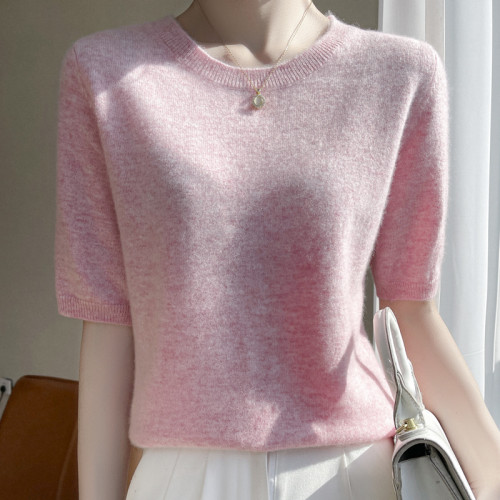 WAN NING羊絨短袖女毛衣圓領寬松套頭百搭針織半袖薄款羊毛打底衫