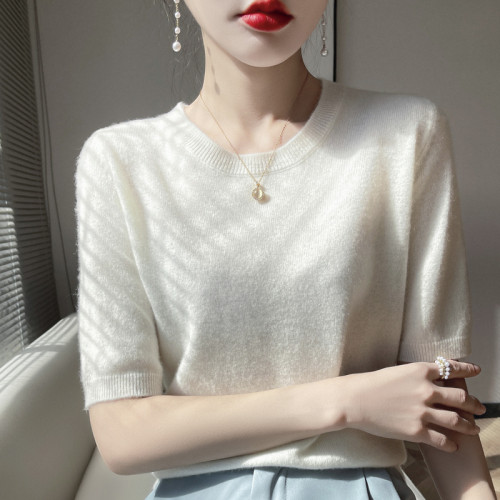 WAN NING羊絨短袖女毛衣圓領寬松套頭百搭針織半袖薄款羊毛打底衫