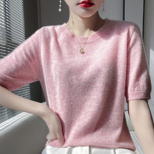 WAN NING羊絨短袖女毛衣圓領寬松套頭百搭針織半袖薄款羊毛打底衫