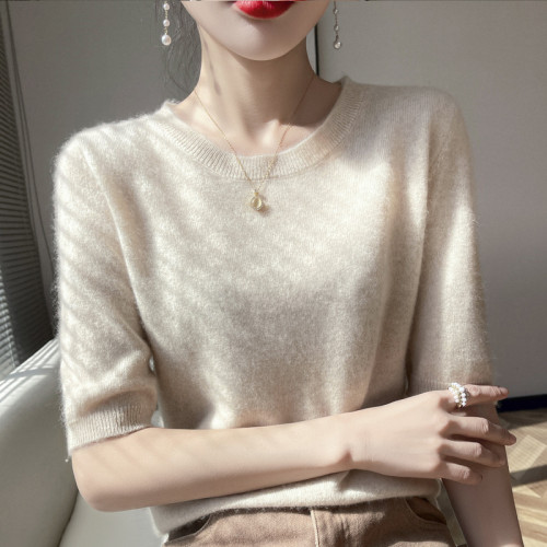 WAN NING羊絨短袖女毛衣圓領寬松套頭百搭針織半袖薄款羊毛打底衫