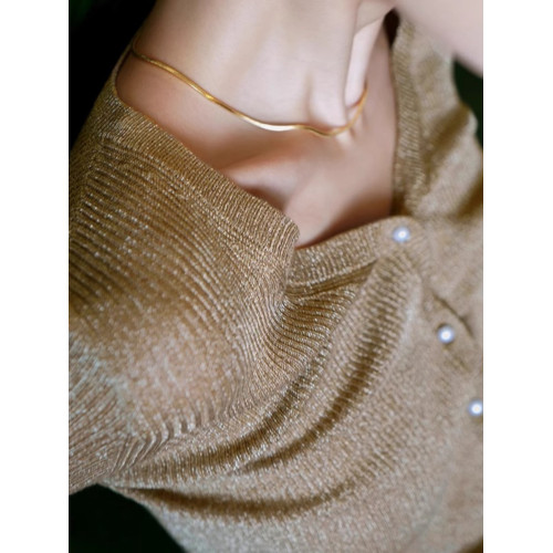 法式閃光紗亮絲V領針織衫秋季新款慵懶長袖修身珍珠釦打底衫上衣